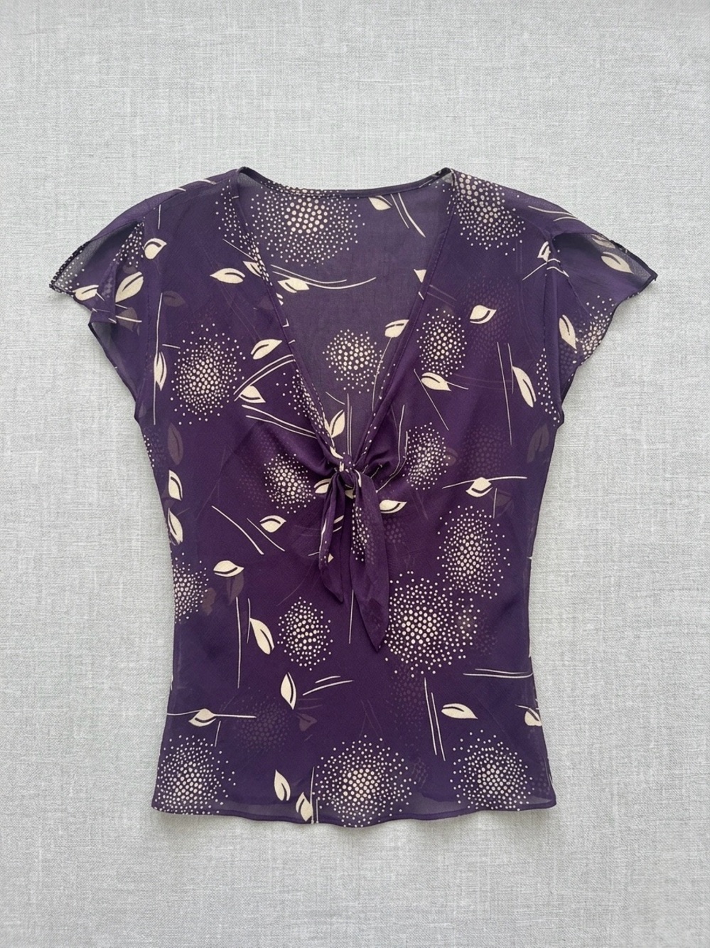 🍒3/33$ Purple Floral Tie-Neck Sheer Women's Top